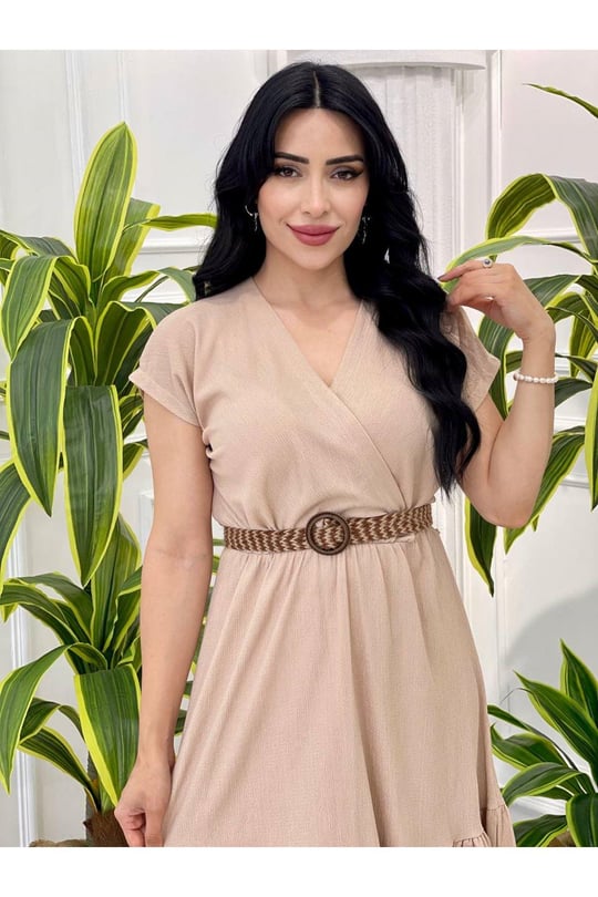 Hasır Kemer Kısa Kol Elbise 5504-Bej
