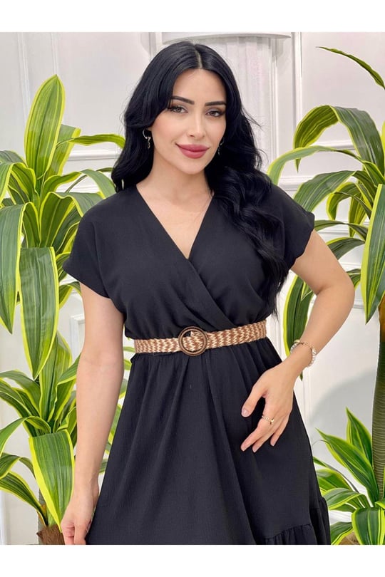 Hasır Kemer Kısa Kol Elbise 5504-Siyah
