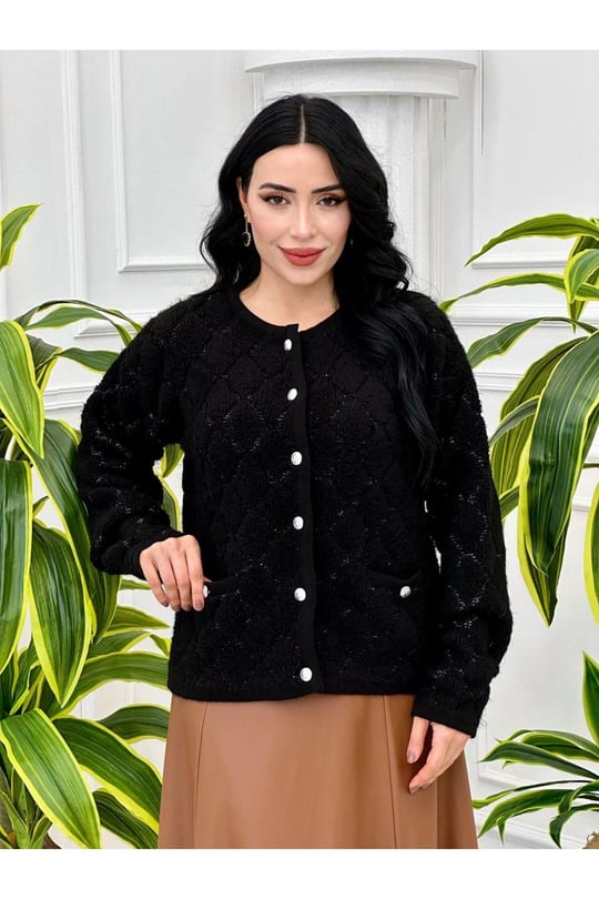 Havlu Desen Çepli Hırka 7464-Siyah