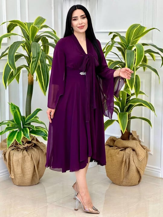 Hürrem Kol Florlı Şifon Elbise 0385 t-024 Mor