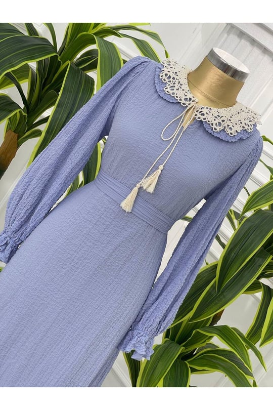 İki Kat Bebe Yaka Keten Elbise 1357-Mavi