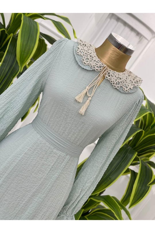 İki Kat Bebe Yaka Keten Elbise 1357-Mint yeşili