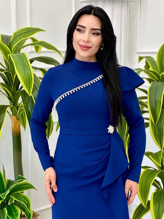 İnci Detay Eteği Volanlı Krep Elbise 0657 t-24 Saks