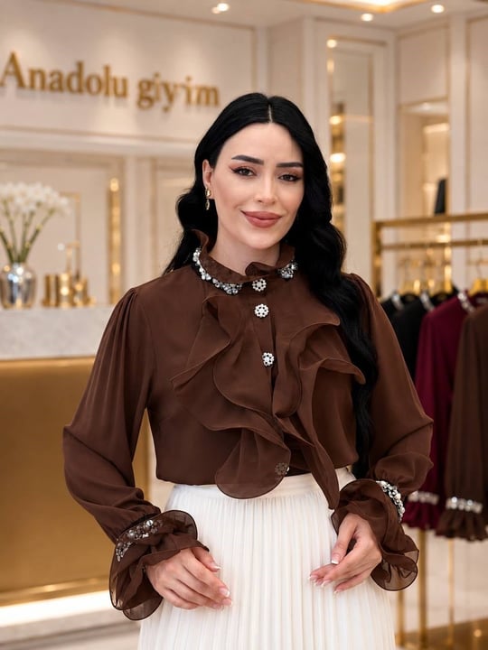 İnci İşleme Volanlı Gömlek 384 T-26 Kahverengi