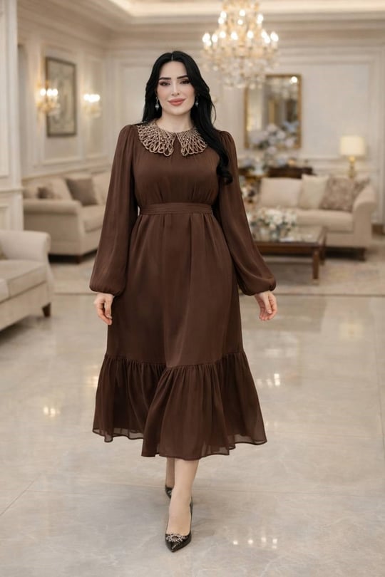 İp İşleme Bebe Yaka JanJan Elbise 1614 T-26 Kahverengi