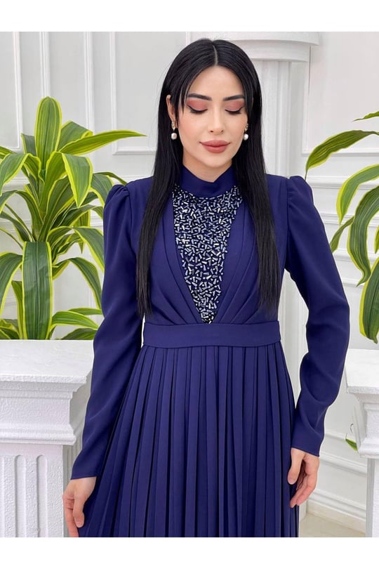 İri Boncuk Pilise Elbise 3792-Saks