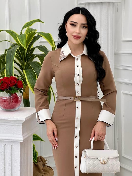 İşleme Yaka Elbise 44196 t-24 Vizon