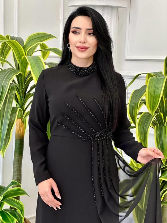 İşlemeli Şifon Detay Krep Elbise 5106 t-24 Siyah