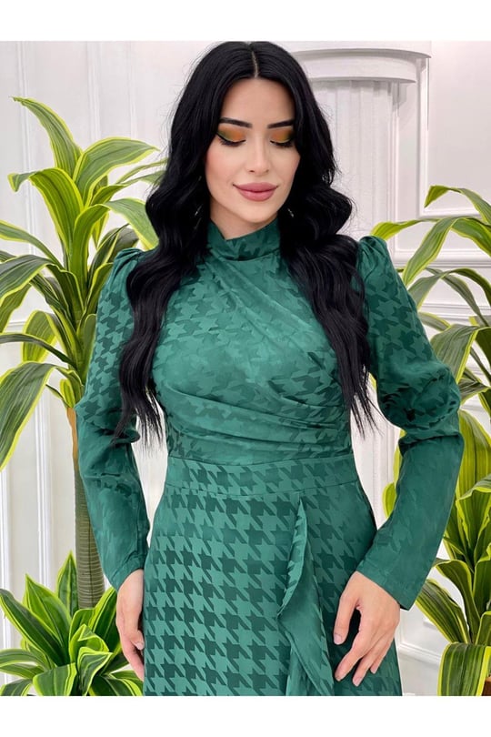 Jakarlı Elbise 3922-Yeşil