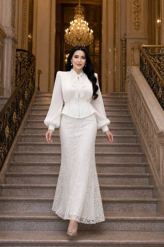 JanJan Drape Fularlı Güpür Abiye 135 T-26 Beyaz