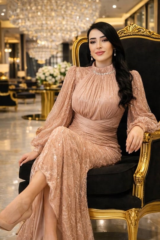 JanJan Drape İşlemeli Tül Abiye 146 T-26 Kahverengi