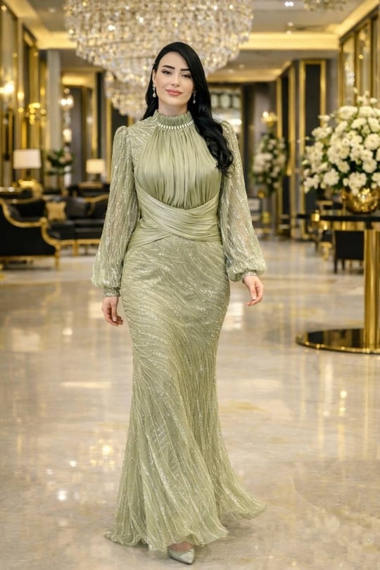 JanJan Drape İşlemeli Tül Abiye 146 T-26 Yeşil