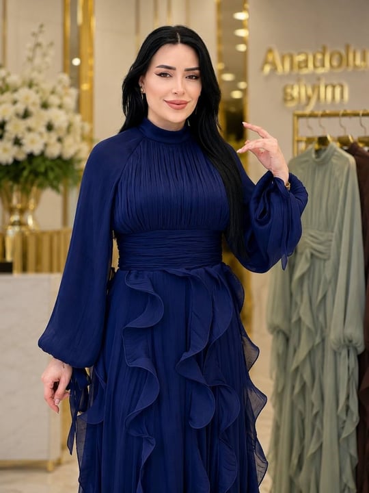 JanJan Eteği Volanlı Elbise 4853 T-26 Lacivert