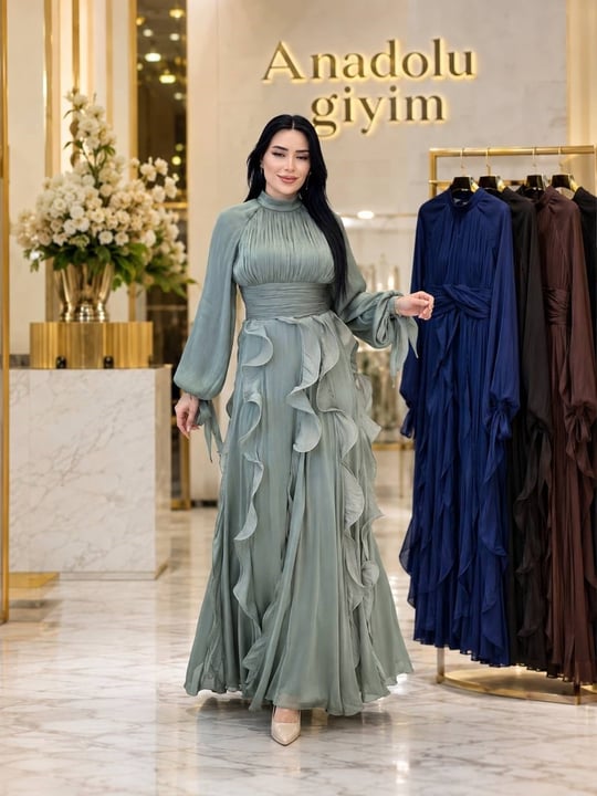 JanJan Eteği Volanlı Elbise 4853 T-26 Mint yeşili