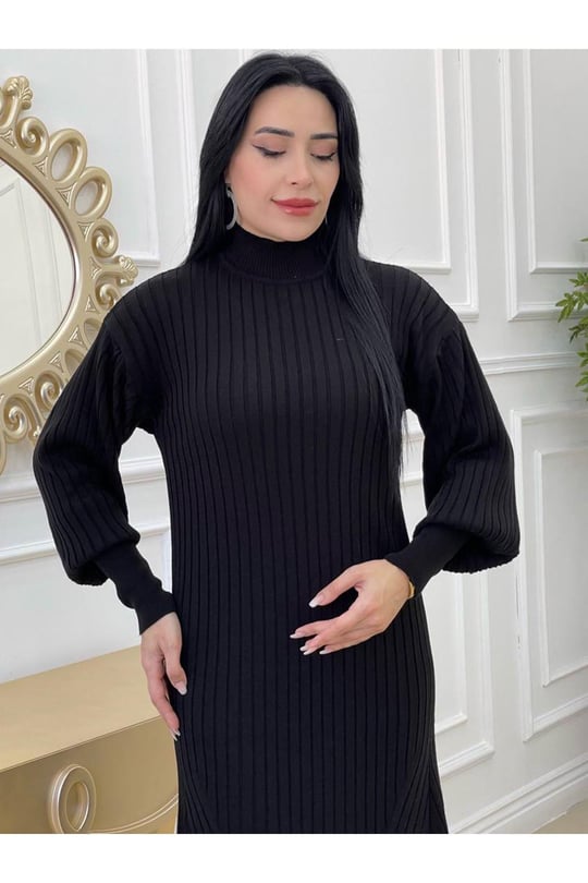 Kalın Fitilli Örme Elbise 123-Siyah