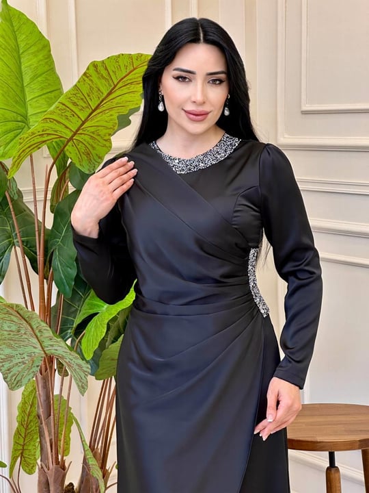 Kampanyalı Drapeli Saten Elbise 4509 e-025 Siyah