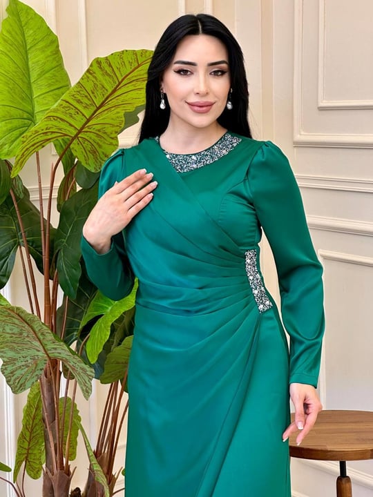 Kampanyalı Drapeli Saten Elbise 4509 e-025 Yeşil