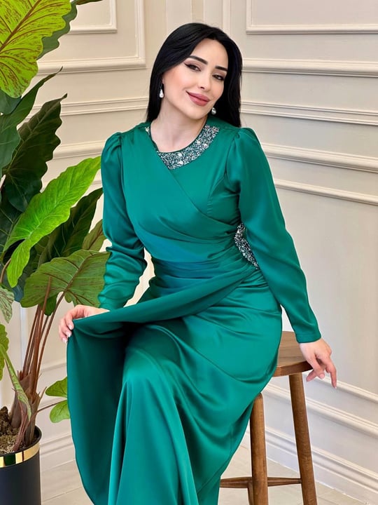 Kampanyalı Drapeli Saten Elbise 4509 e-025 Yeşil