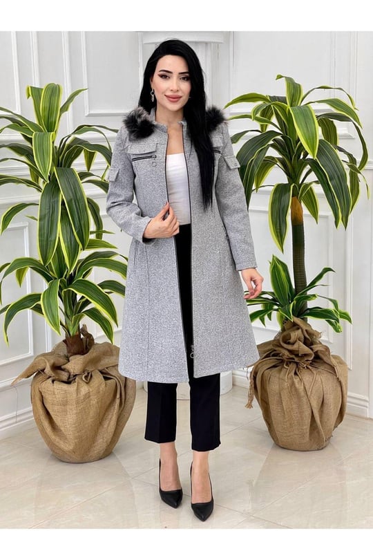 Kapak Detay Kaşe Kaban 6008-Gri