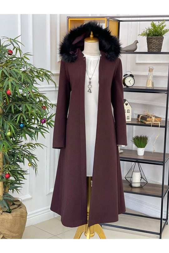 Kapişonlu Kaşe Kaban 445-Bordo