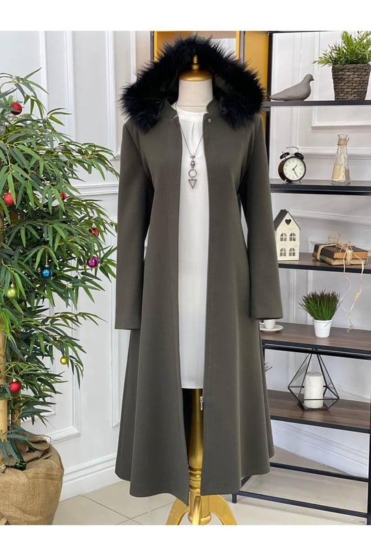 Kapişonlu Kaşe Kaban 445-Haki