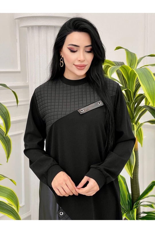 Kapitone Deri Detay Tunik 835-Siyah
