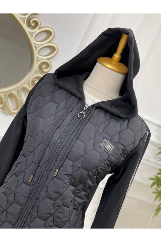 Kapitone Kapişonlu Kısa Kap 6061-Siyah