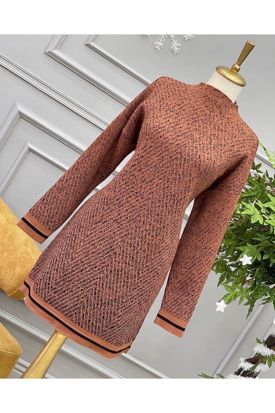 Kar taneli triko tunik 6016-Kahverengi