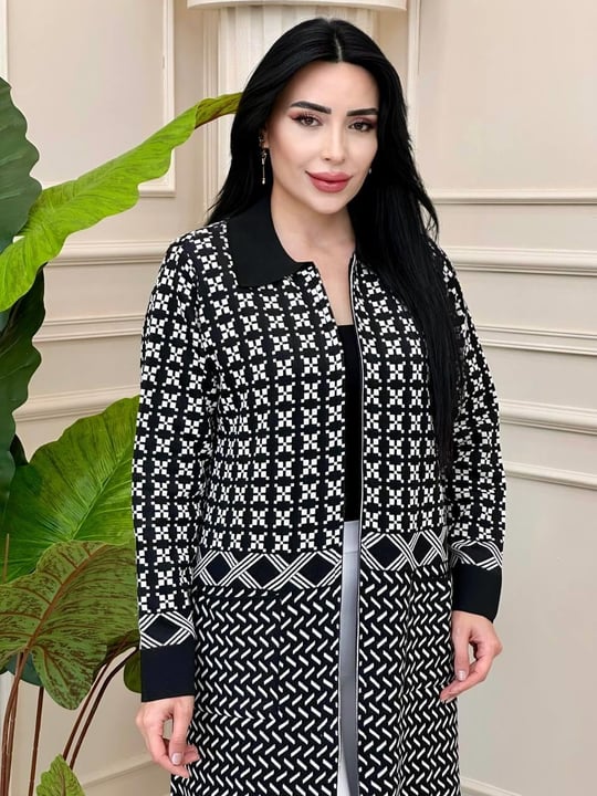 Kare Desen Fermuarlı Uzun Hırka 33072 t-24 Siyah Beyaz