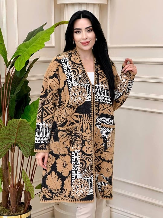 Karışık Desen Fermuarlı Hırka 026 t-24 Camel