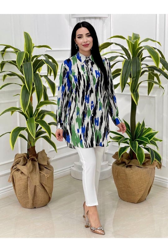 Karışık Desen Gömlek 23004-Saks