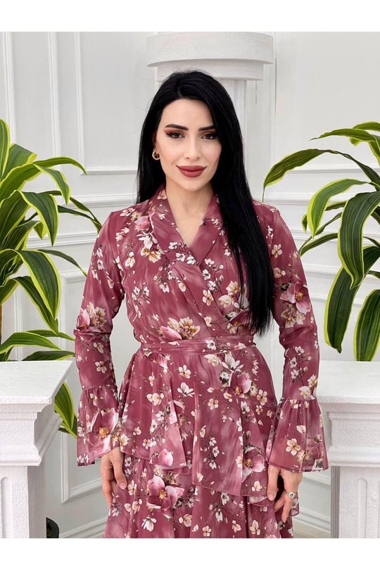 Kat Kat Asimetrik Şifon Elbise 3321-Rose