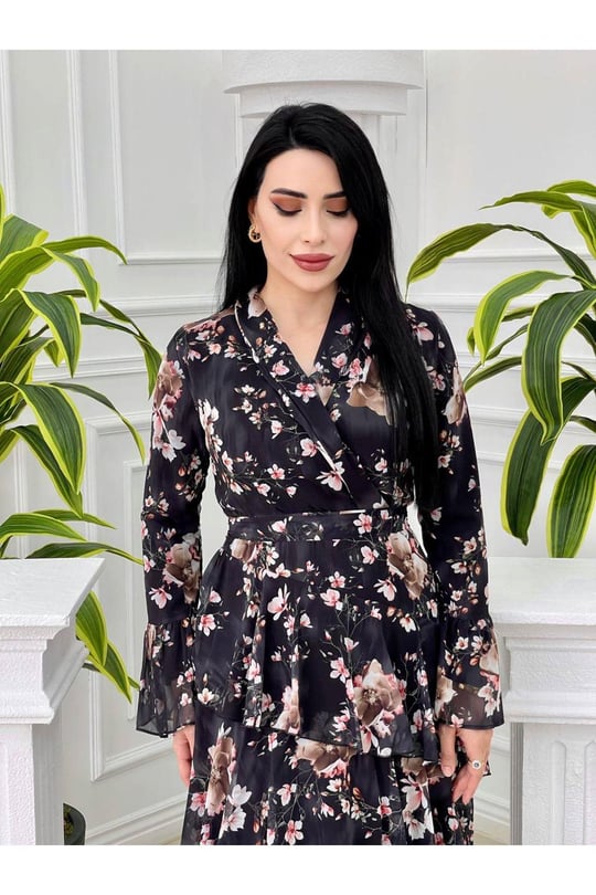 Kat Kat Asimetrik Şifon Elbise 3321-Siyah