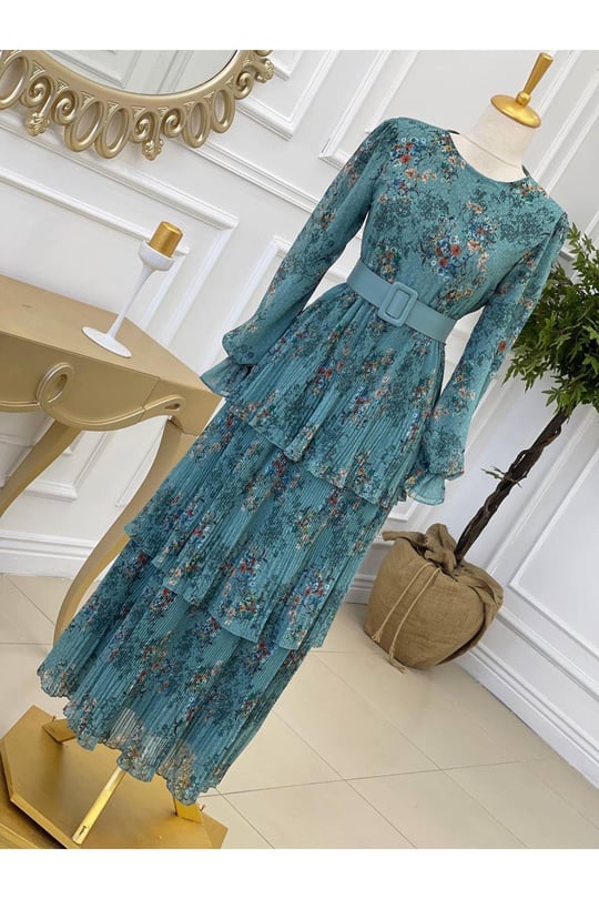 Kat Kat Şifon Elbise 1147-Yeşil