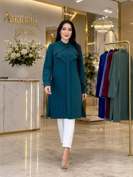 Katlama Yaka Boncuk Şerit Tunik 2203 T-26 Zümrüt Yeşil