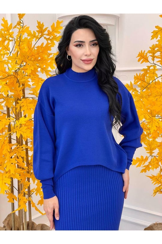 Kazaklı Triko Kalem Elbise 2241-Saks