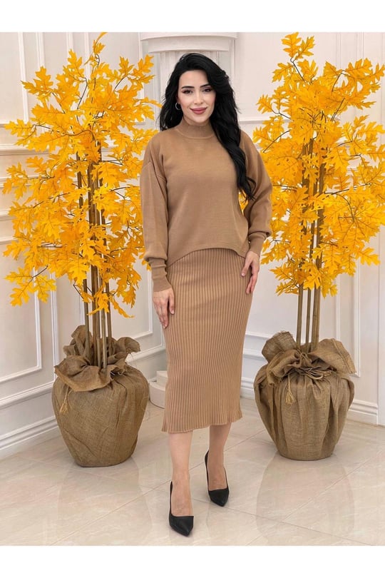 Kazaklı Triko Kalem Elbise 2241-Vizon