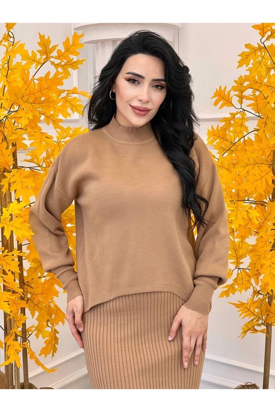 Kazaklı Triko Kalem Elbise 2241-Vizon