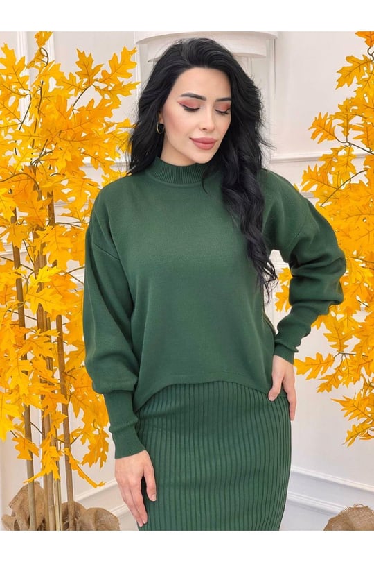 Kazaklı Triko Kalem Elbise 2241-Yeşil