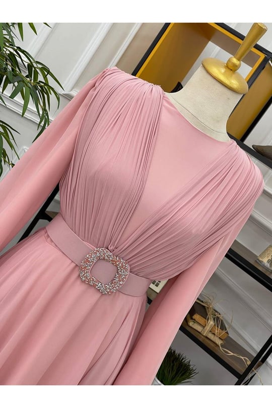 Kemer Taşlı Elbise 2769-Rose