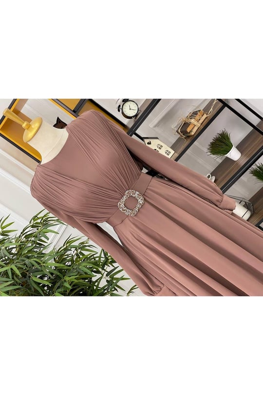 Kemer Taşlı Elbise 2769-Vizon
