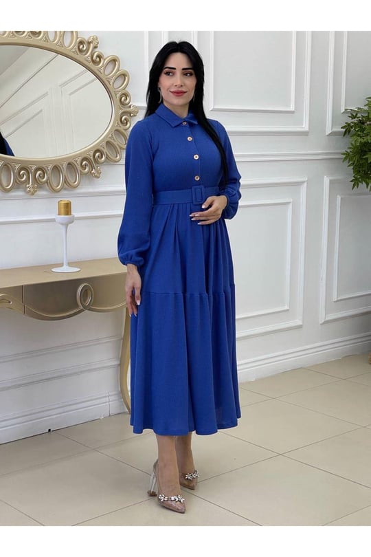 Kemerli Gofre Elbise 1241-Mavi