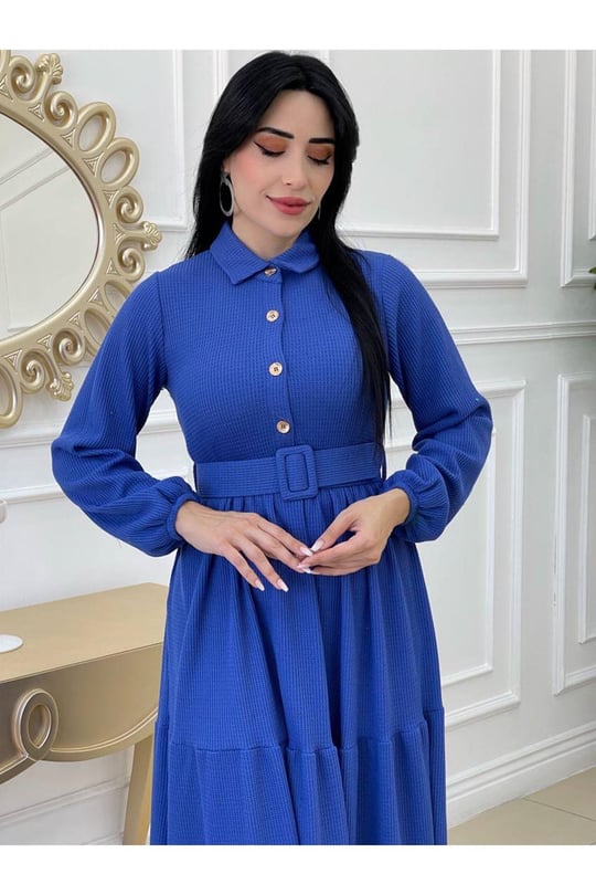 Kemerli Gofre Elbise 1241-Mavi