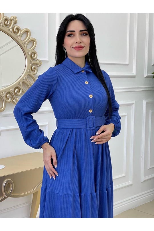 Kemerli Gofre Elbise 1241-Mavi