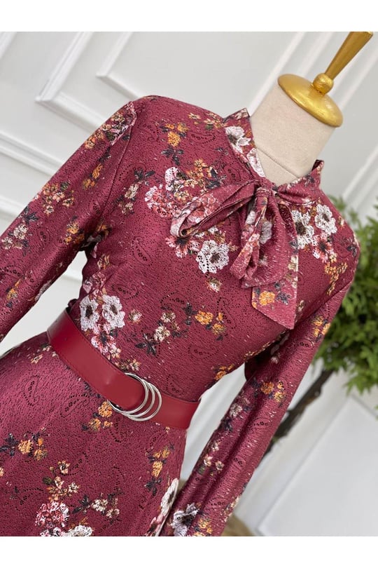 Kemerli Güpür Elbise 3587-Bordo