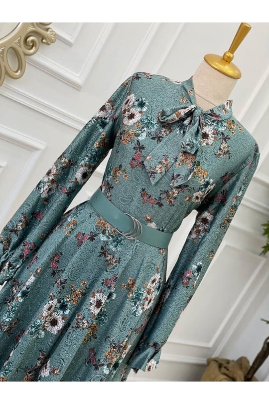 Kemerli Güpür Elbise 3587-Mint yeşili