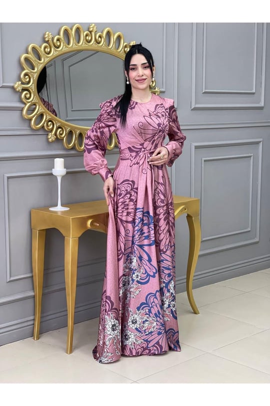 Kemerli Saten Elbise 3432-Purdra