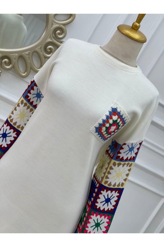 Kilim Desen Renkli Tunik 4372-Ekru