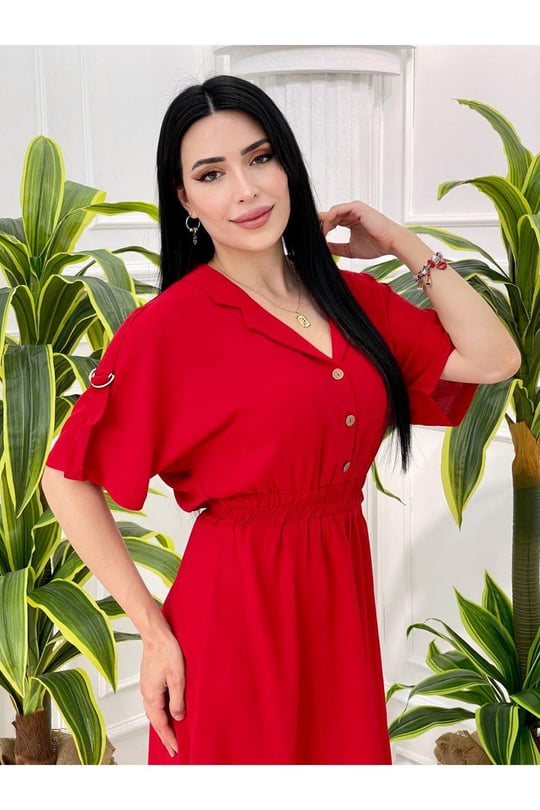 Kısa Kol Ayrobin Elbise 5173-Kırmızı