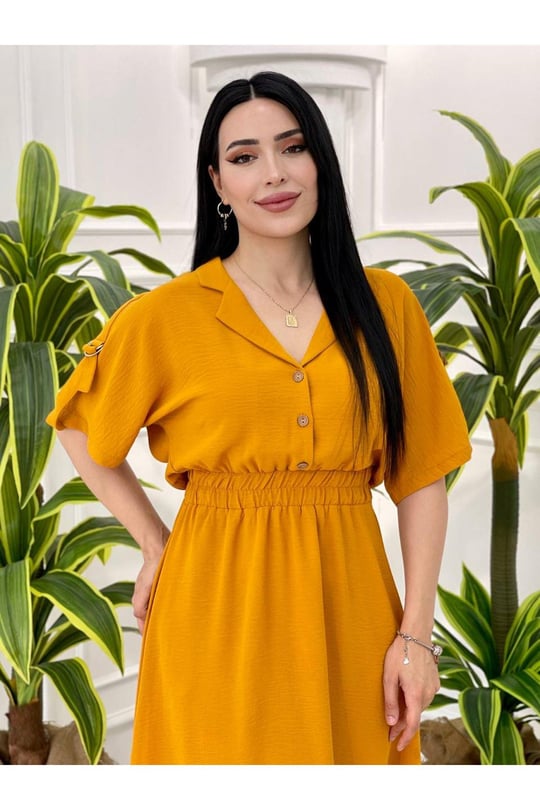 Kısa Kol Ayrobin Elbise 5173-Sarı